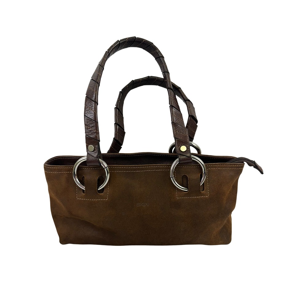 Skin Cowhide Suede Shoulder Bag Brown Ring Double Leather Wrapped Strap Chic Zip